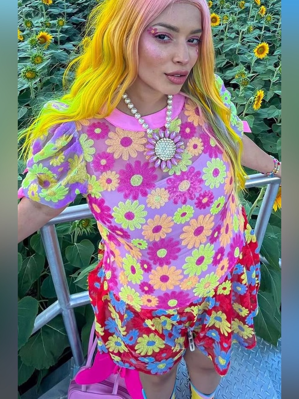 Floral Mesh Puff-Sleeve Top in Pink and Yellow